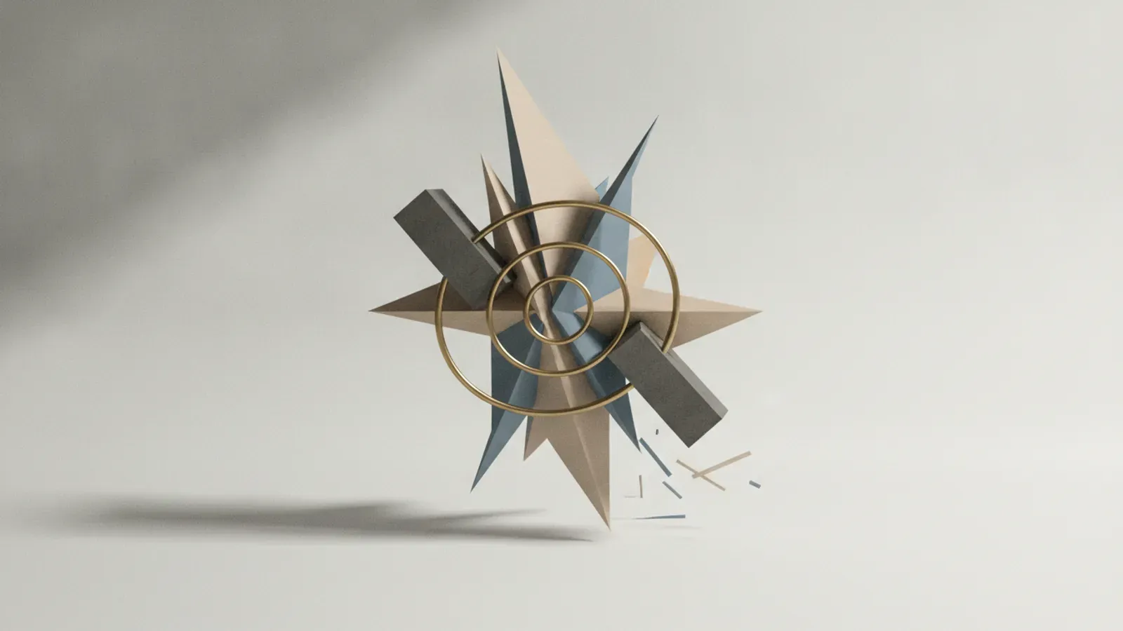 Bej ve arduvaz mavisi çok köşeli sivri bir kütle, etrafında eşmerkezli ince pirinç halkalar ve açılı koyu çubuklar.