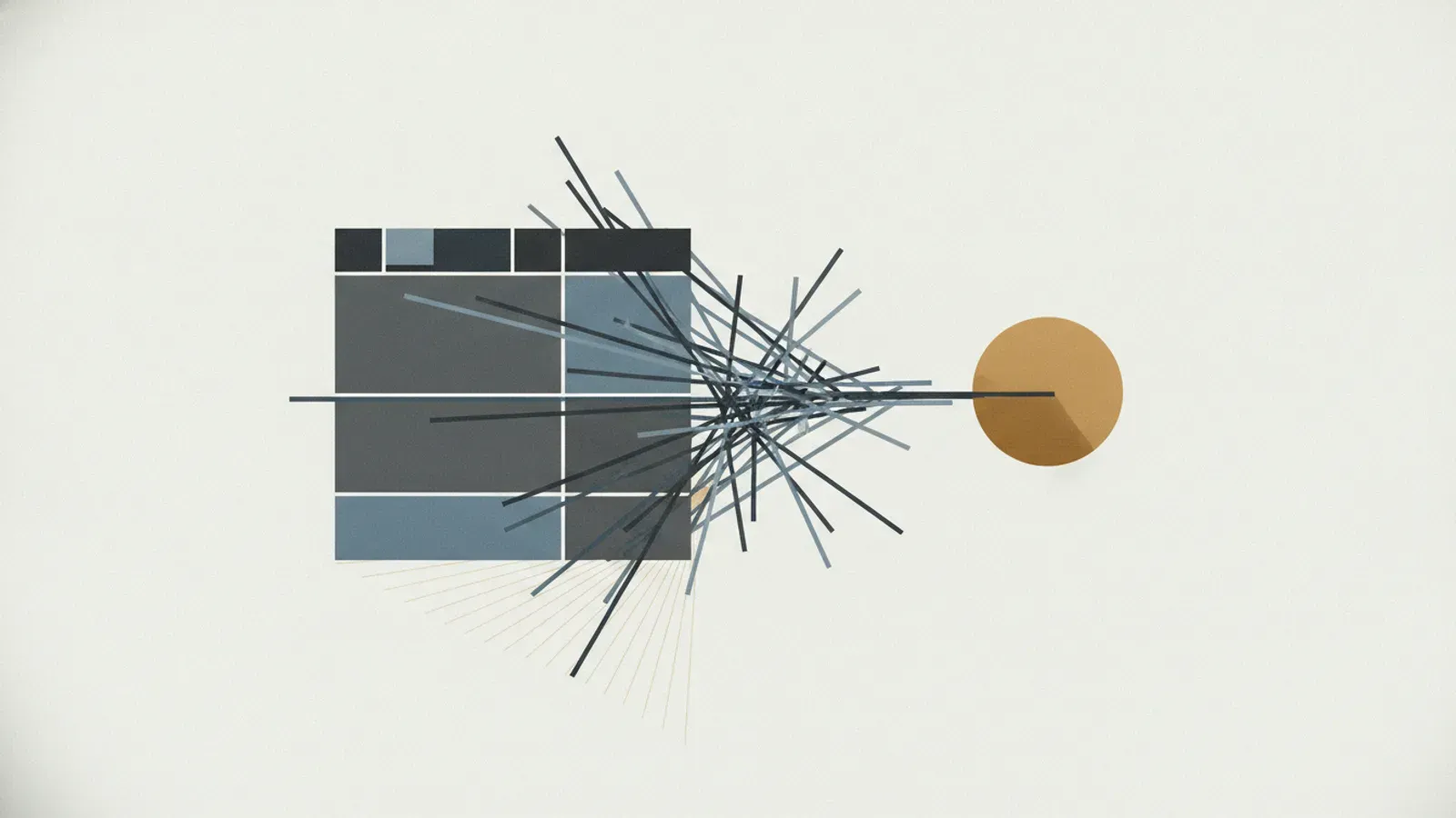 A grid of dark and slate-blue rectangular blocks intersected by a fan of diverging dark lines pointing toward an ochre disk.