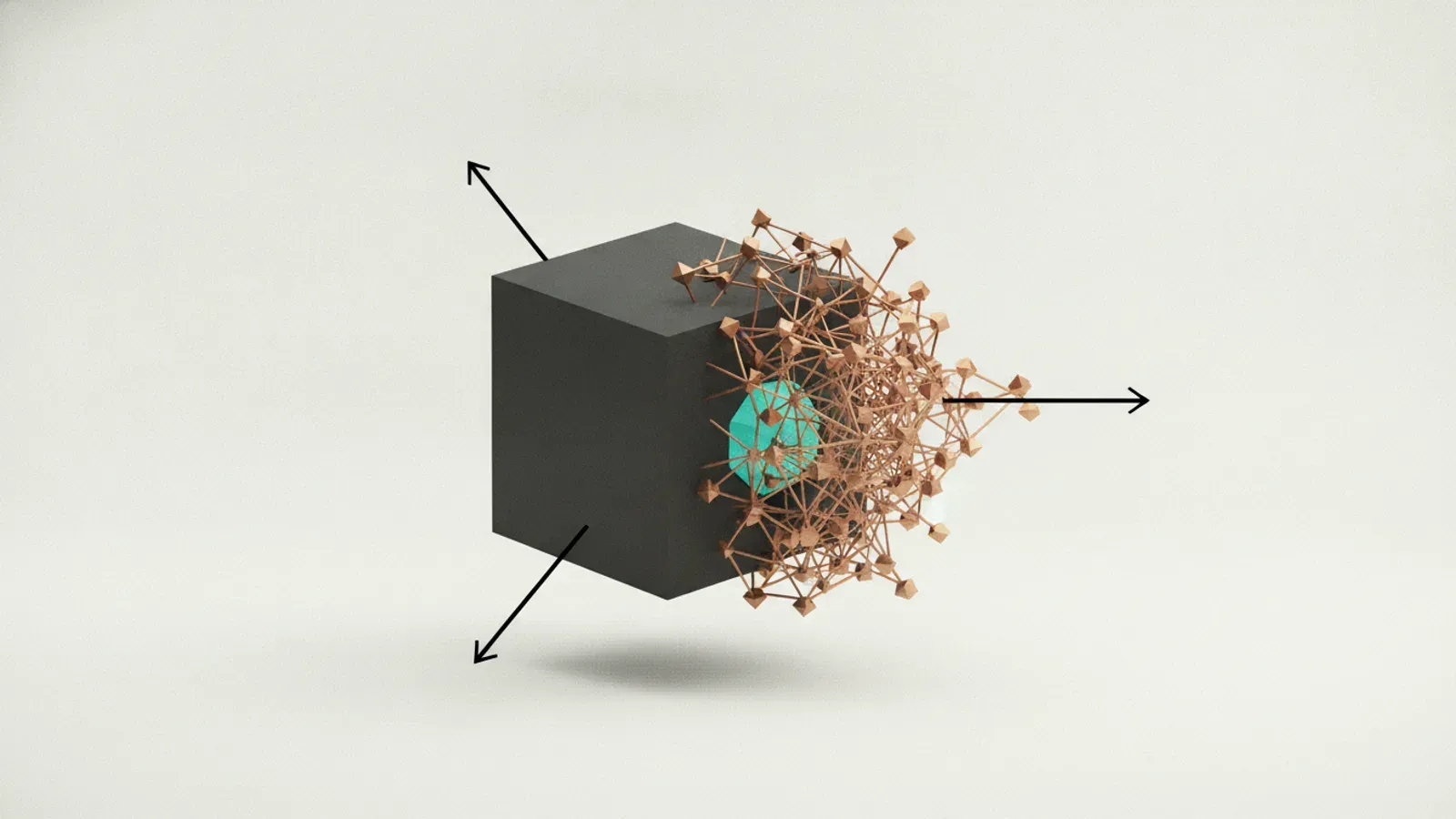 A dark cube enveloped on one flank by an intricate copper lattice revealing a cyan core, with three outward vector arrows.