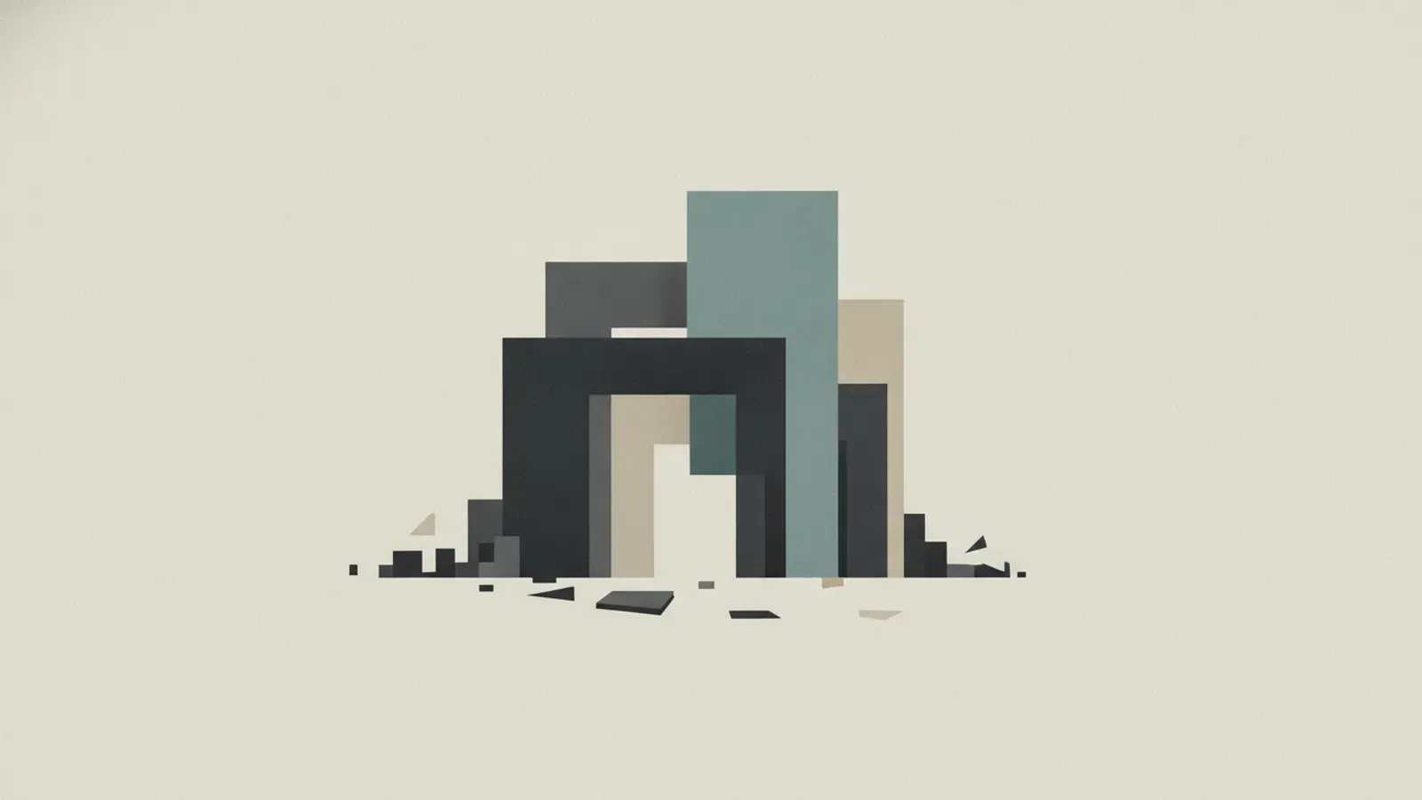 Flat blocks massed into one standing form with an opening at its centre.