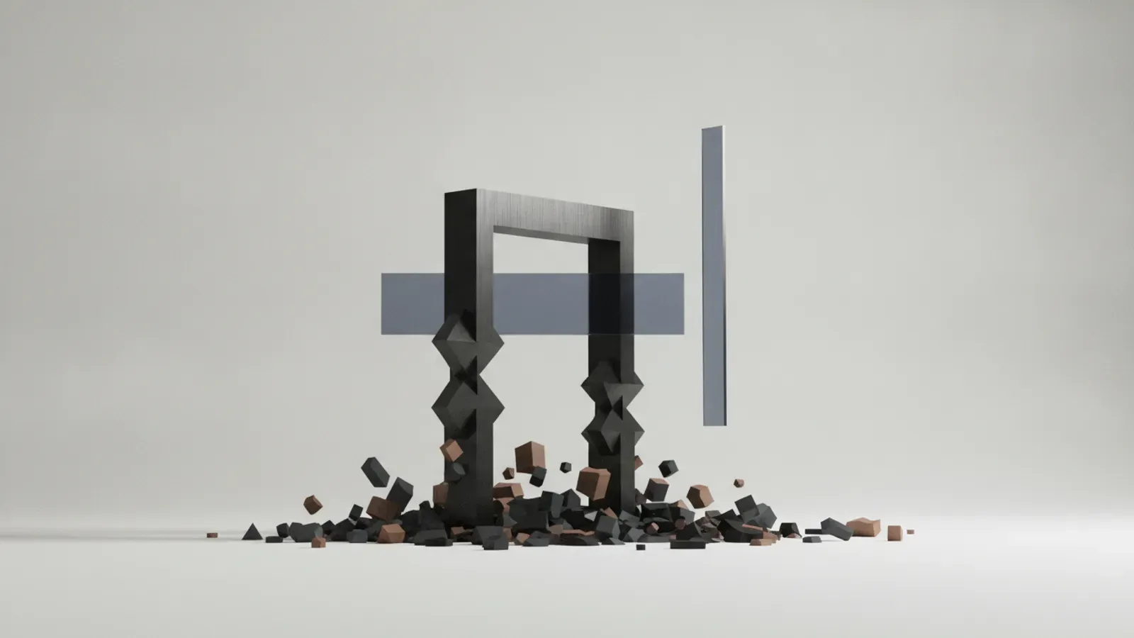 A solid black rectangular arch over a base of small cubes, crossed by a frosted translucent bar.