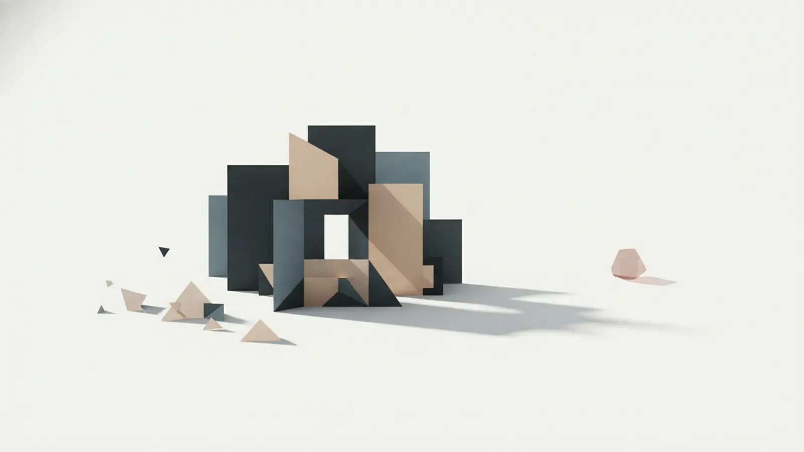Overlapping panels gathered around one small square opening.