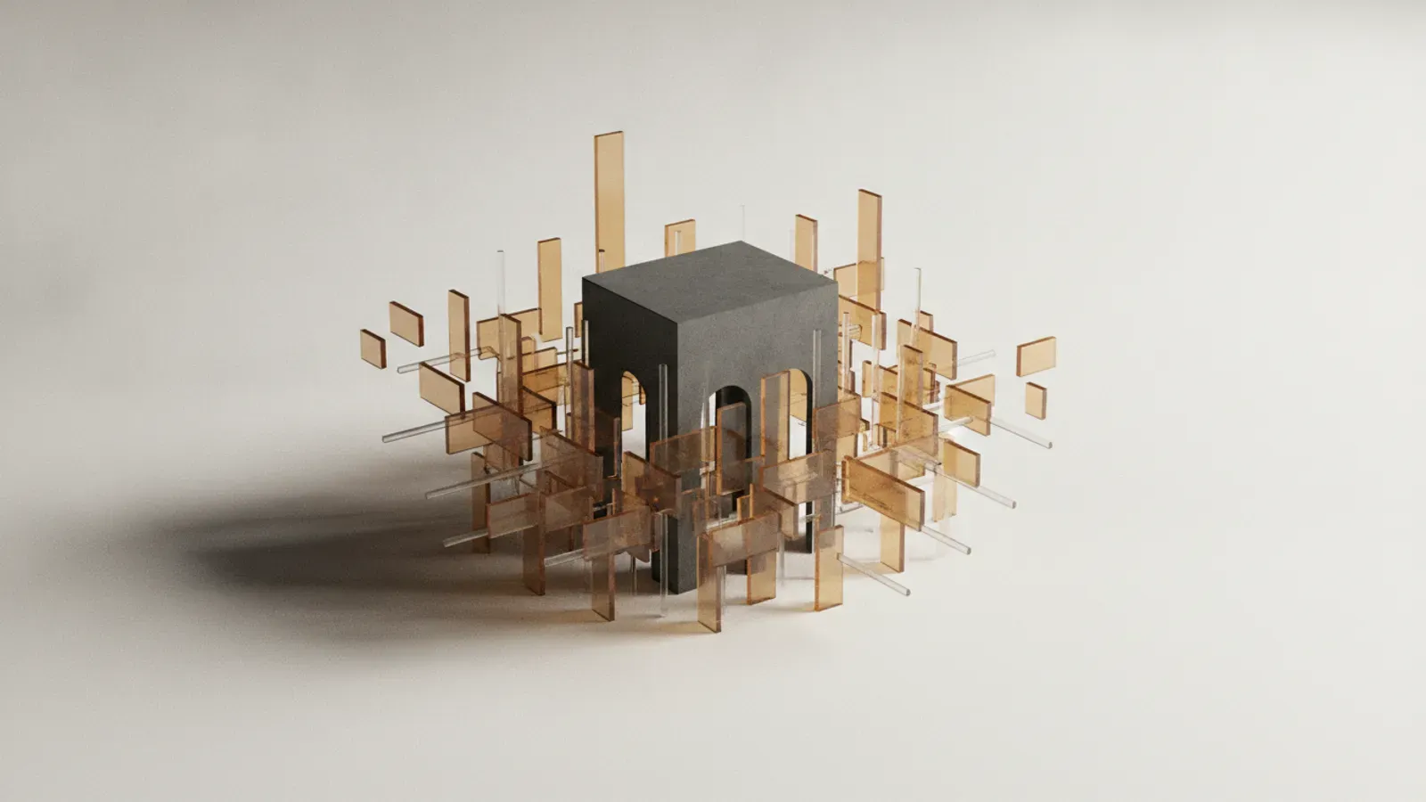 One solid block ringed by dozens of translucent plates on thin rods.