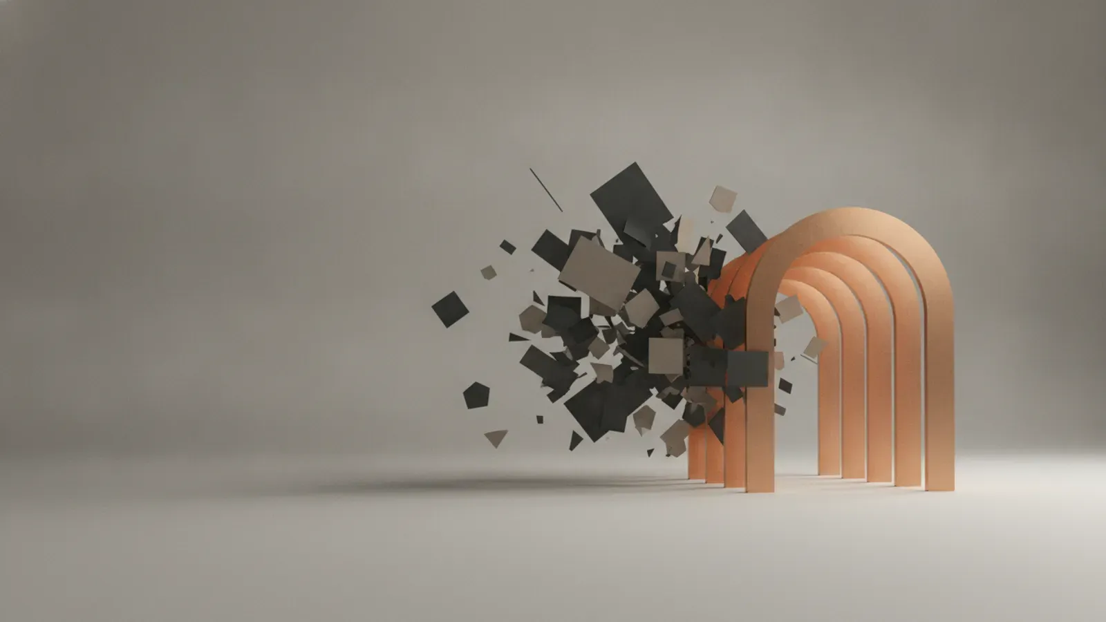 A sequence of curved terracotta arches emerging from a cloud of dark angular facets.