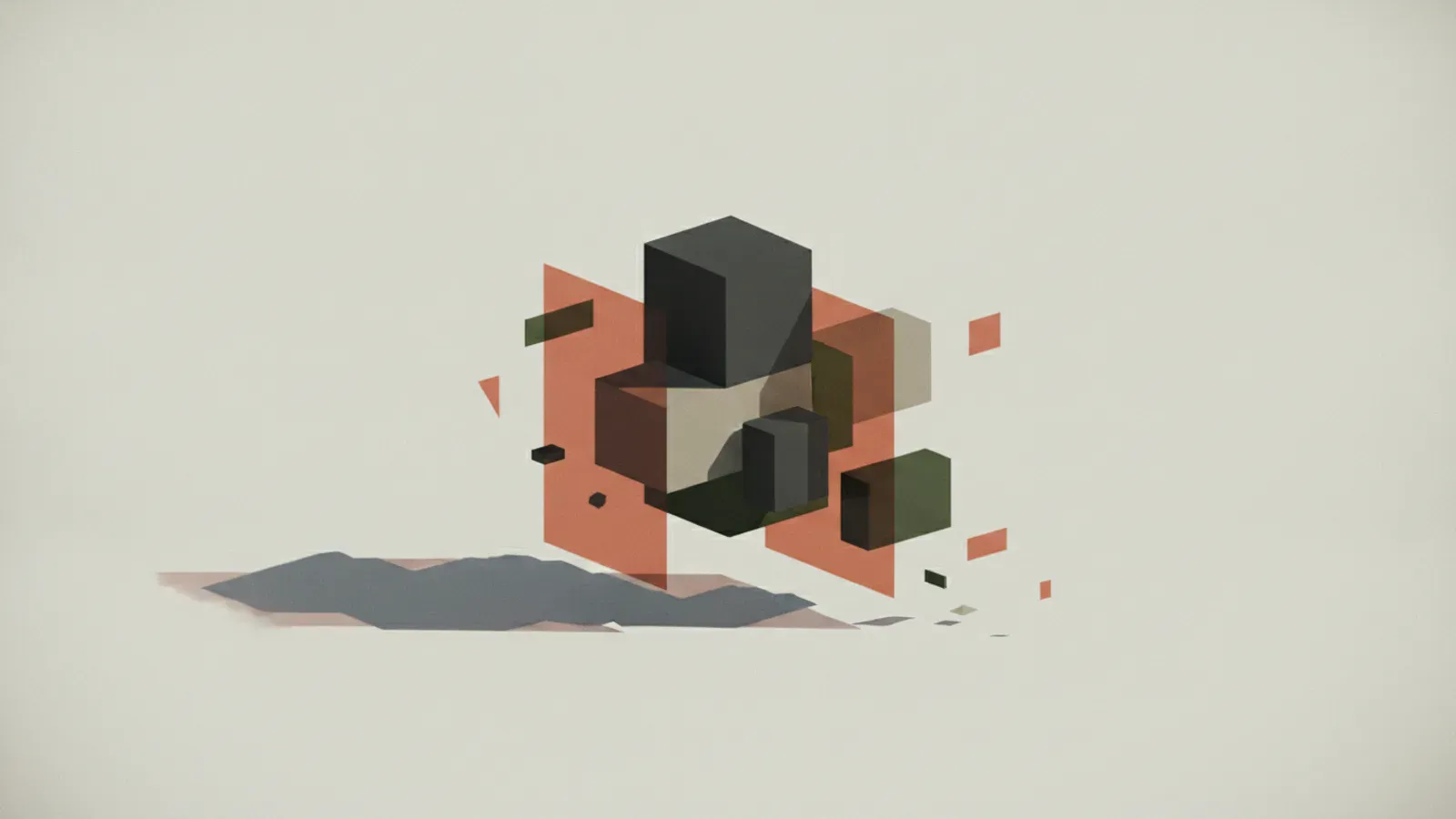 Interlocking solid cubes caught between sheer rust-red panels, floating above a jagged shadow.
