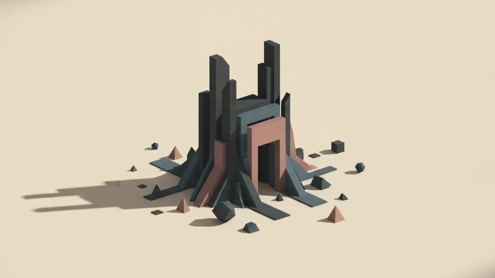A cluster of dark vertical spires enclosing a low terracotta doorway, surrounded by small faceted solids.