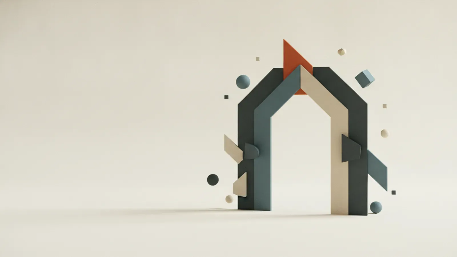 A pitched gateway topped by one triangle, small solids hovering around it.
