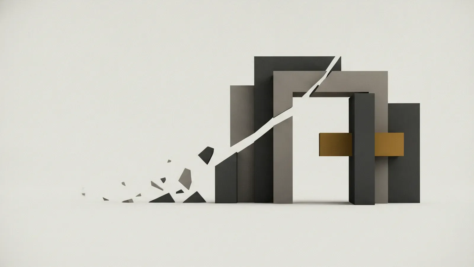Layered rectangular portals sliced by a sharp diagonal fissure that scatters into shards at one side.