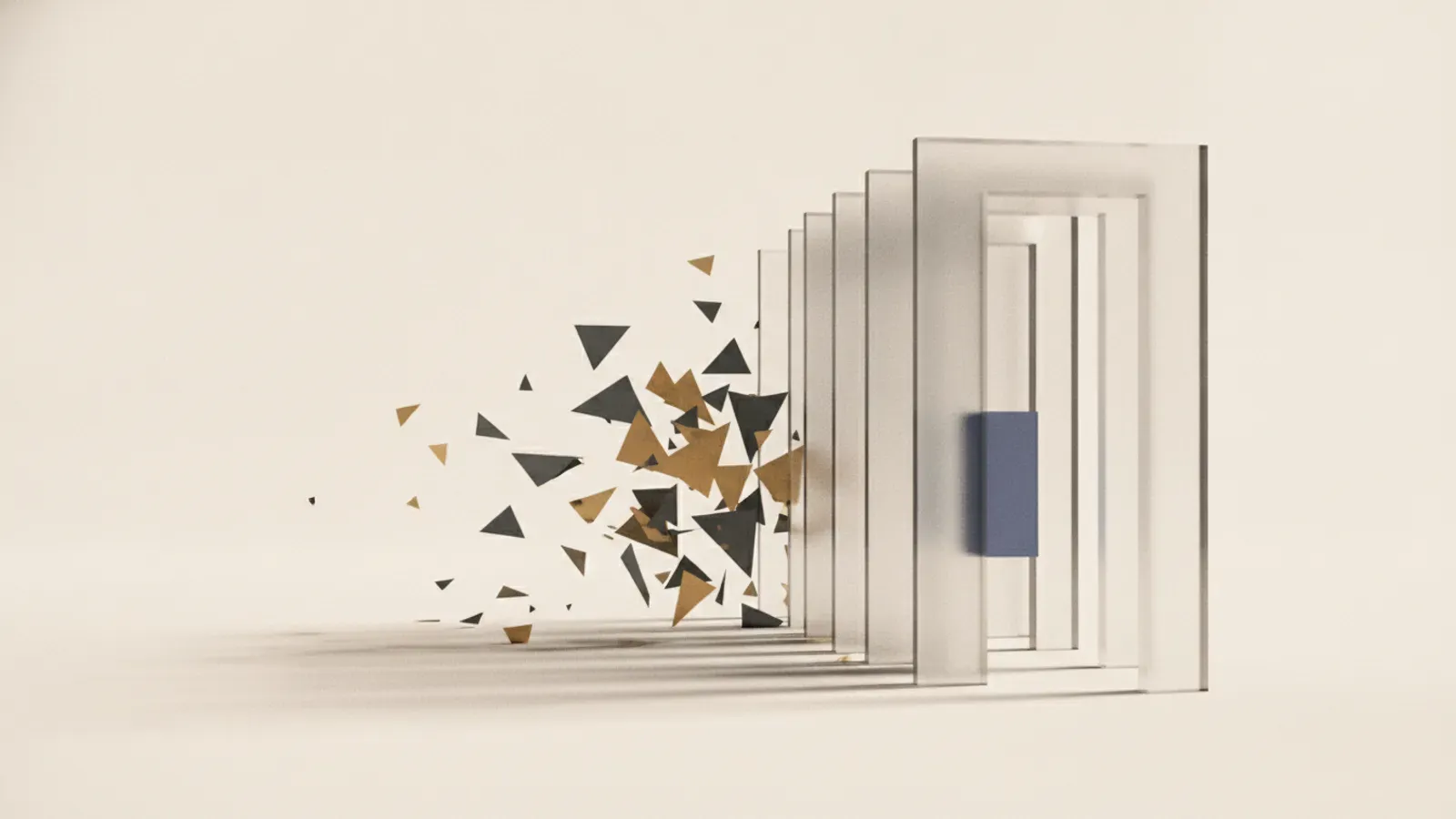 Nested translucent frames holding one small solid, triangles breaking against them.