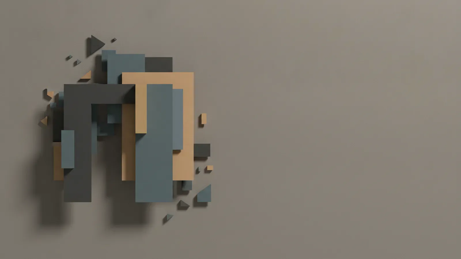 Asymmetrical overlapping rectangular slabs in slate blue and ochre, flanked by small scattered facets.