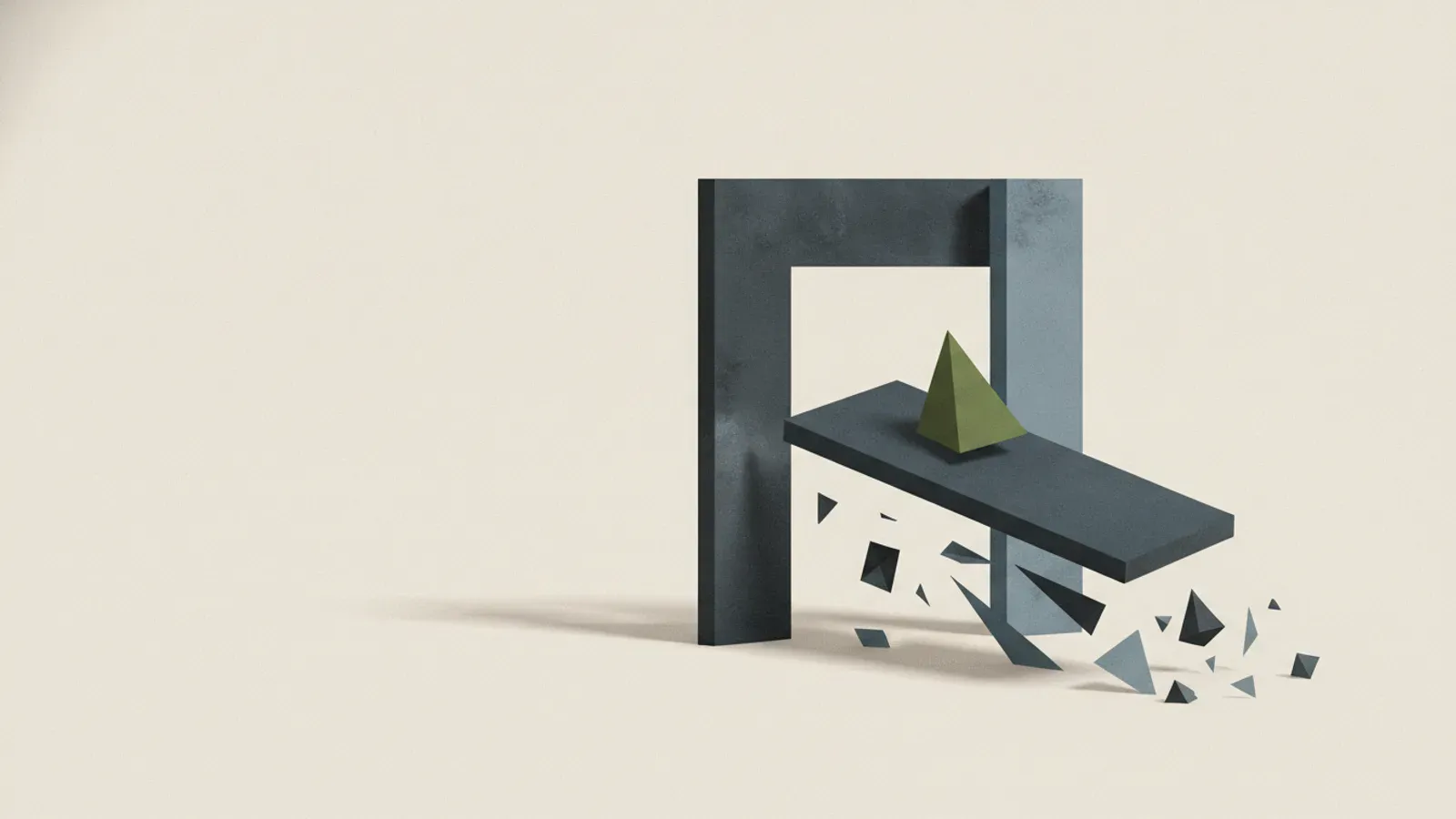 A cantilevered dark slab carrying a small green pyramid, projecting out through a tall portal above breaking shards.