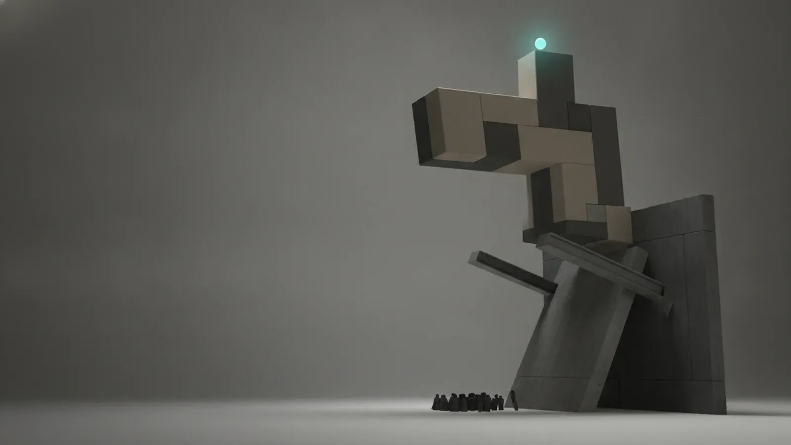 An angular cantilevered monument of interlocking blocks with an illuminated cyan beacon at its summit above an inclined ramp.