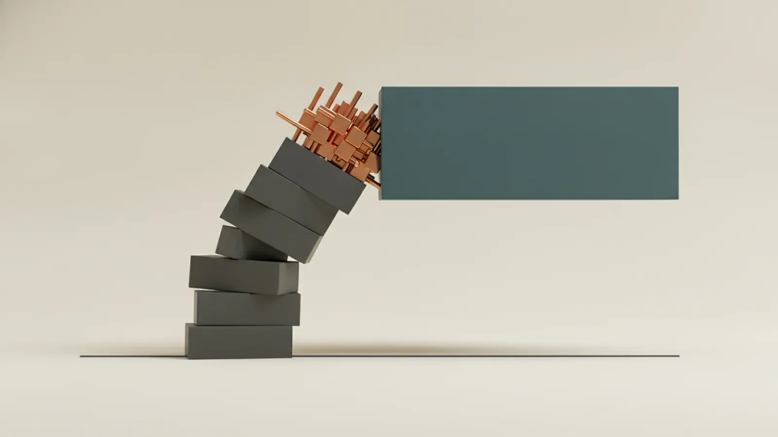A leaning column of dark grey slabs bending beneath a heavy suspended horizontal beam, reinforced by a copper pin joint.