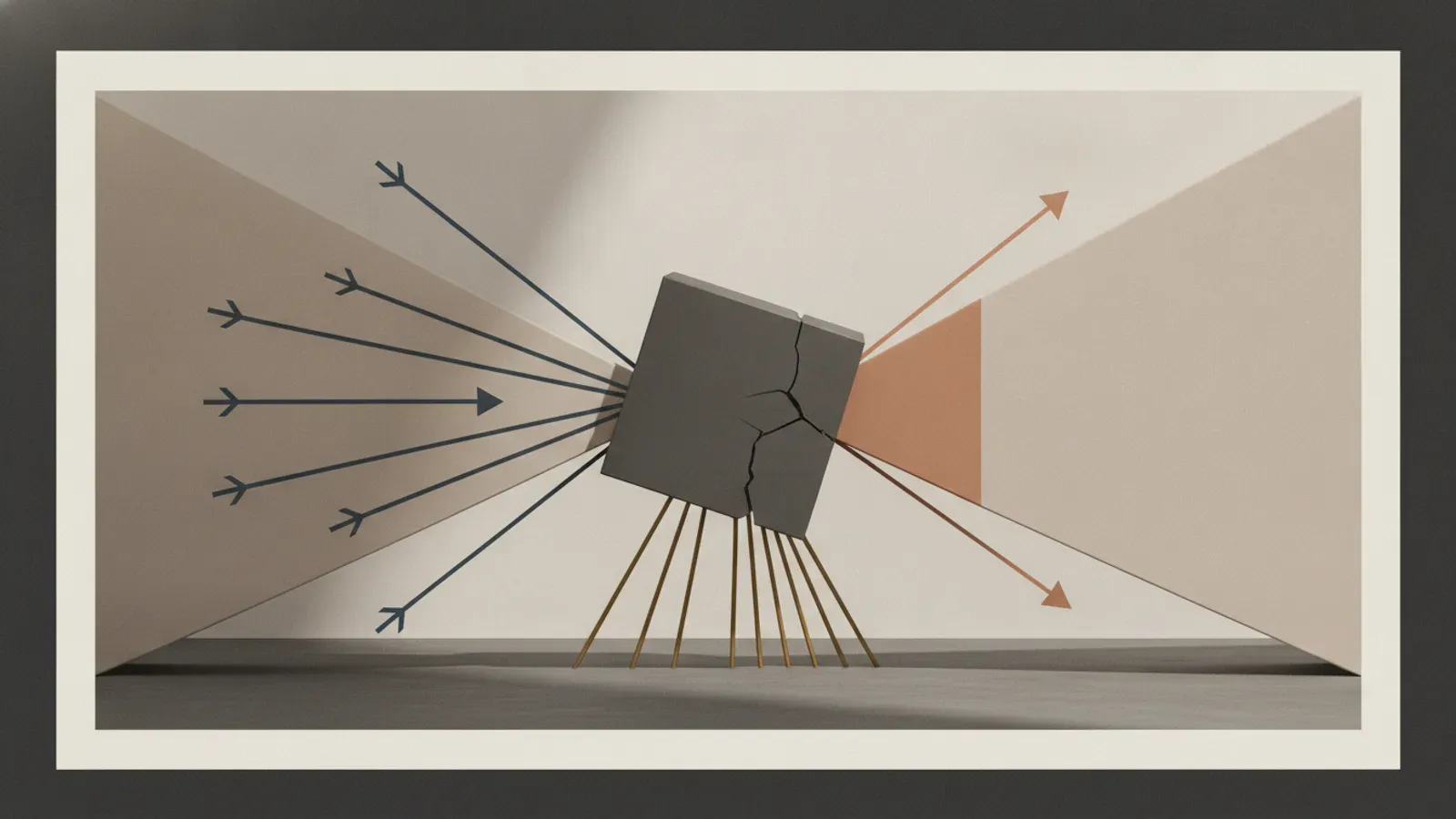 A cracked dark grey cube propped on slender brass struts between converging walls, intersected by directional arrows.