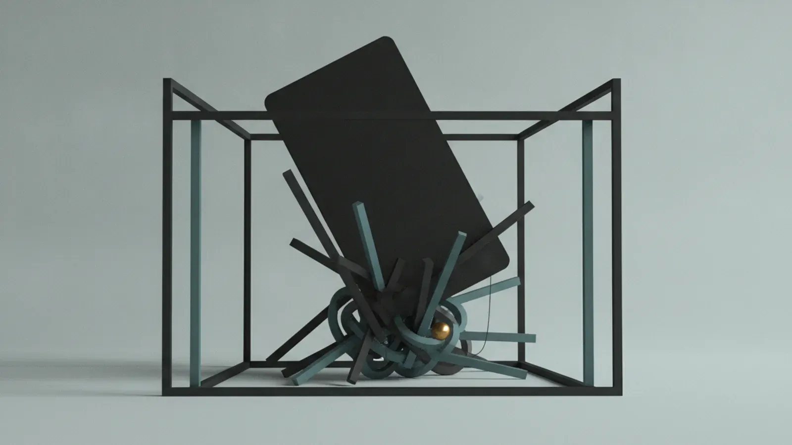 A black monolithic slab leaning inside an open wireframe cage, anchored in a tangled knot of teal ribbon and a gold sphere.