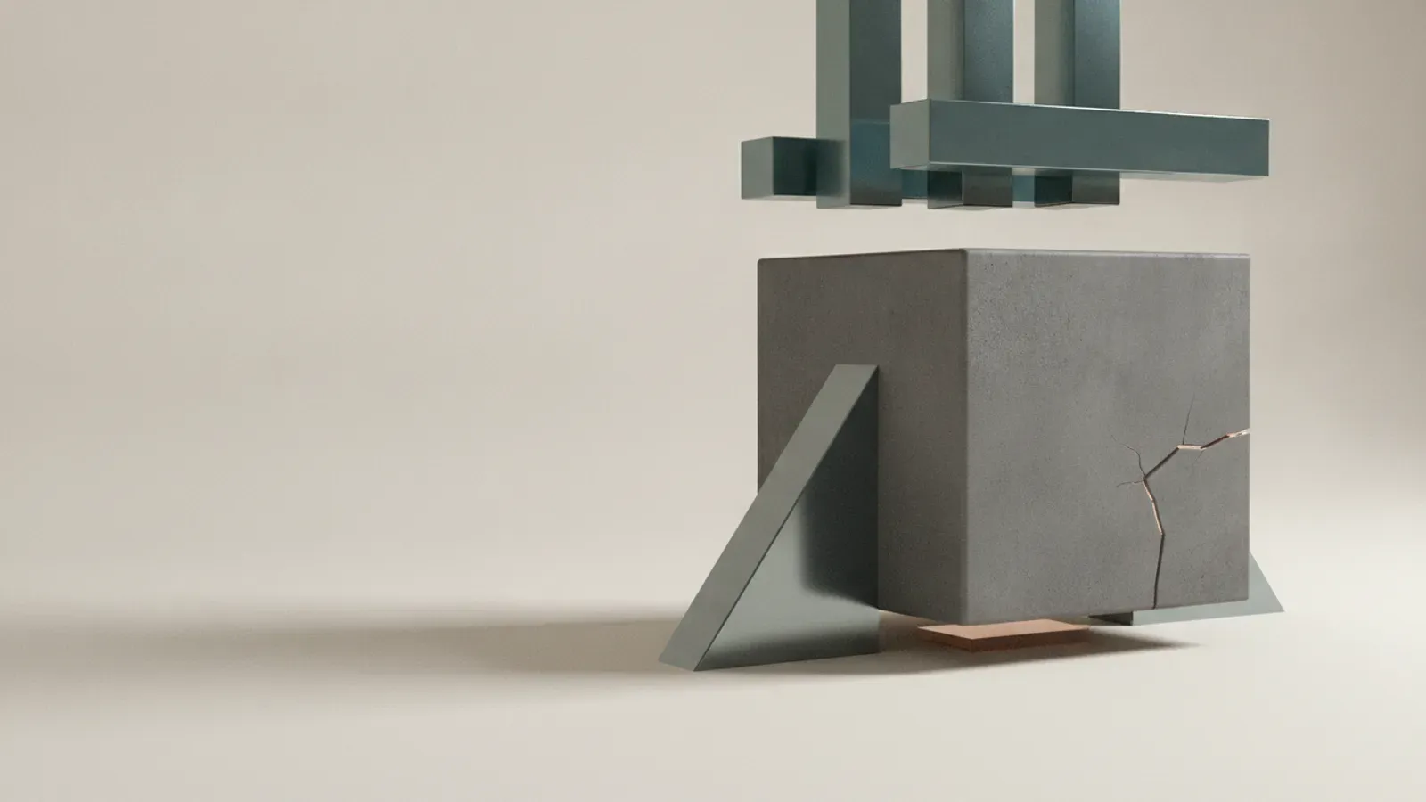 A concrete cube bearing a hairline fissure, wedged between angled steel buttresses beneath a hovering teal press.