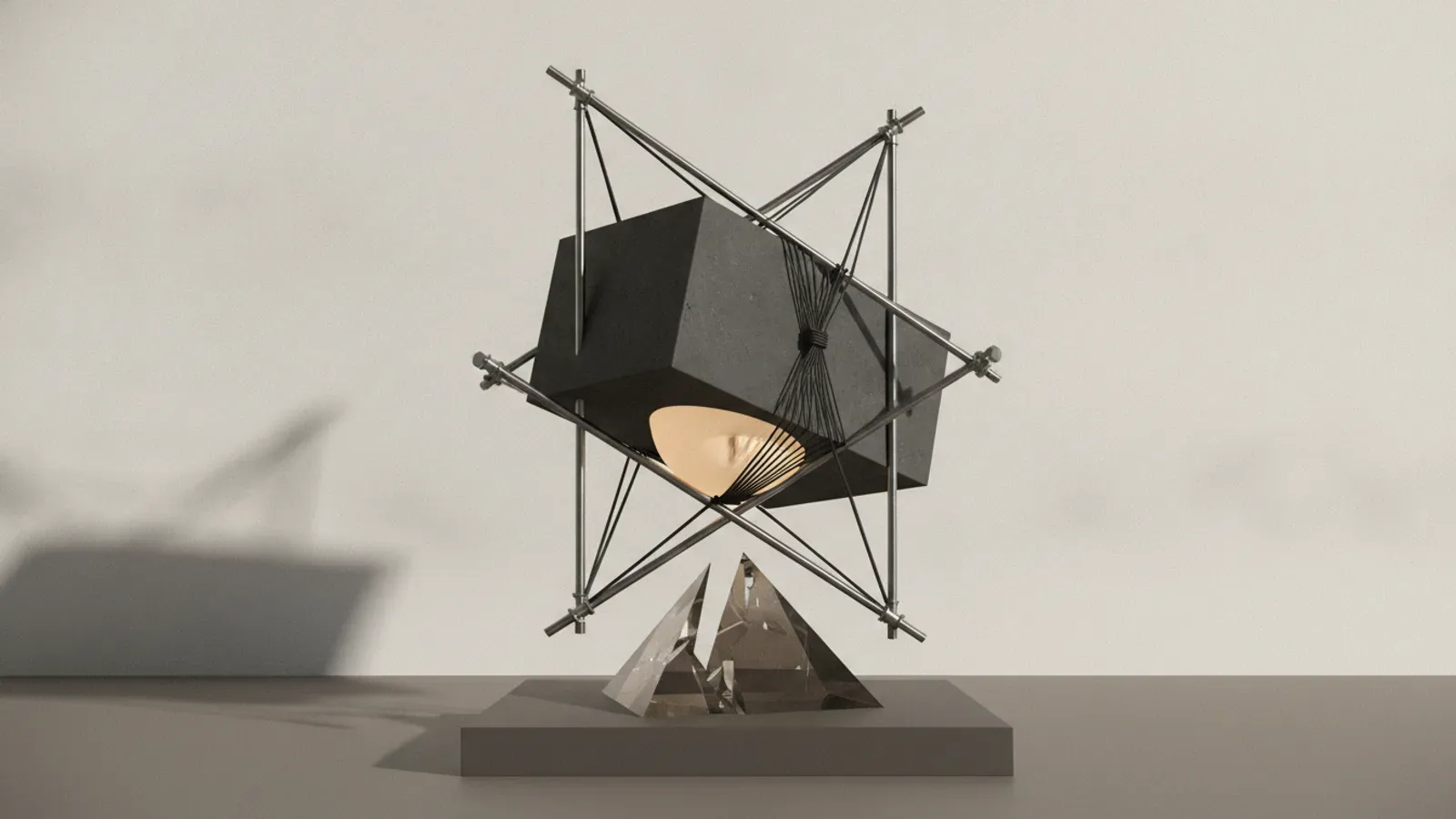 A dark suspended box bound by tense threads revealing a glowing warm core inside a steel frame above a glass pyramid.