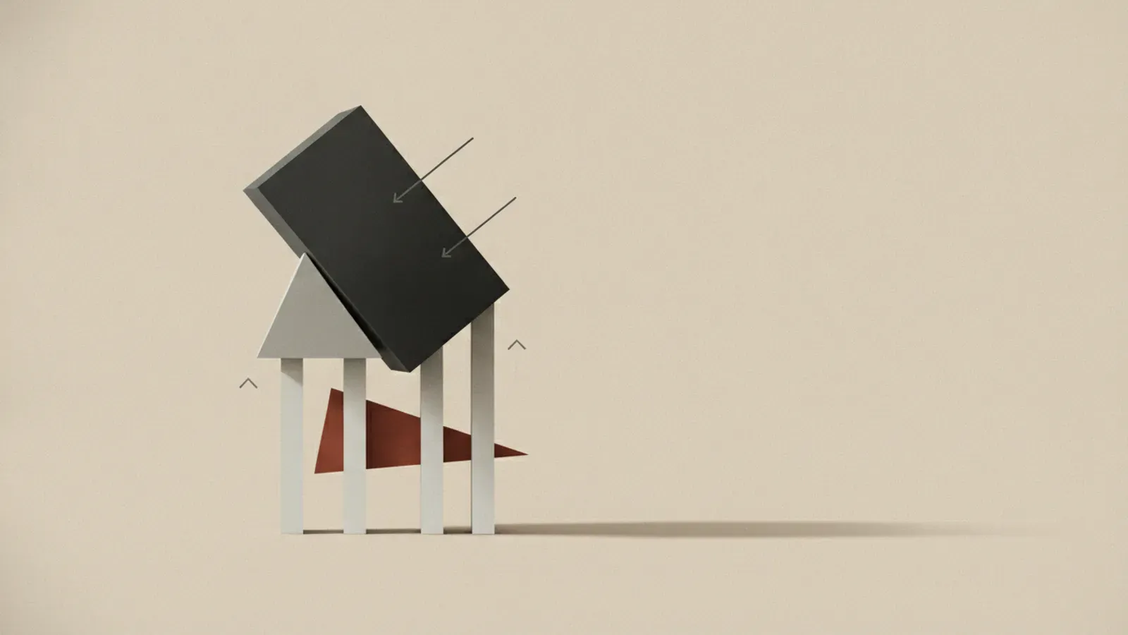 A heavy tilted black block pressing down onto four slender white pillars and a triangle, enclosing a rust-red wedge.