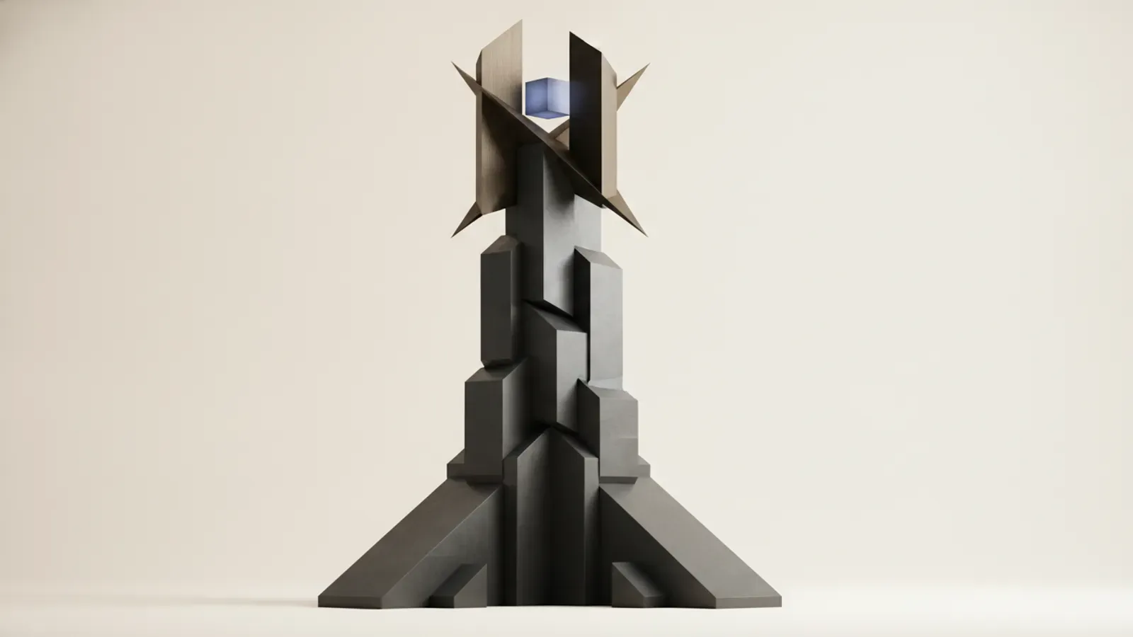 A monumental tiered spire holding an isolated, glowing blue cube inside an open winged steel crown.