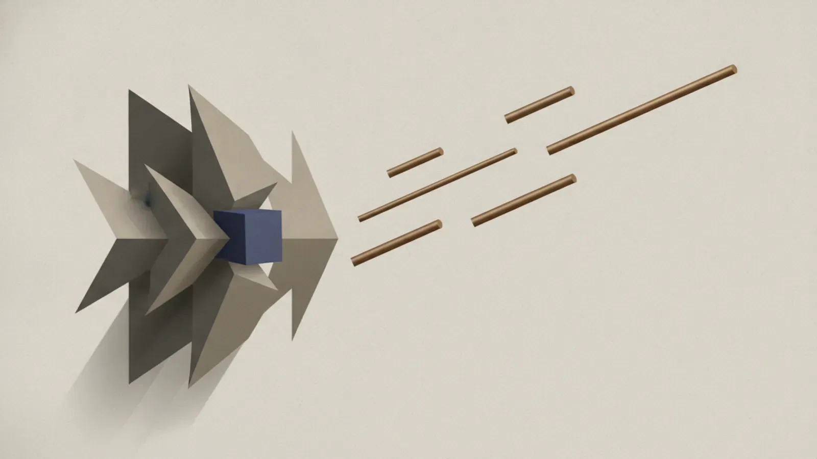 A solitary blue cube sheltered inside concentric chevron shields, faced by floating copper rods in empty space.