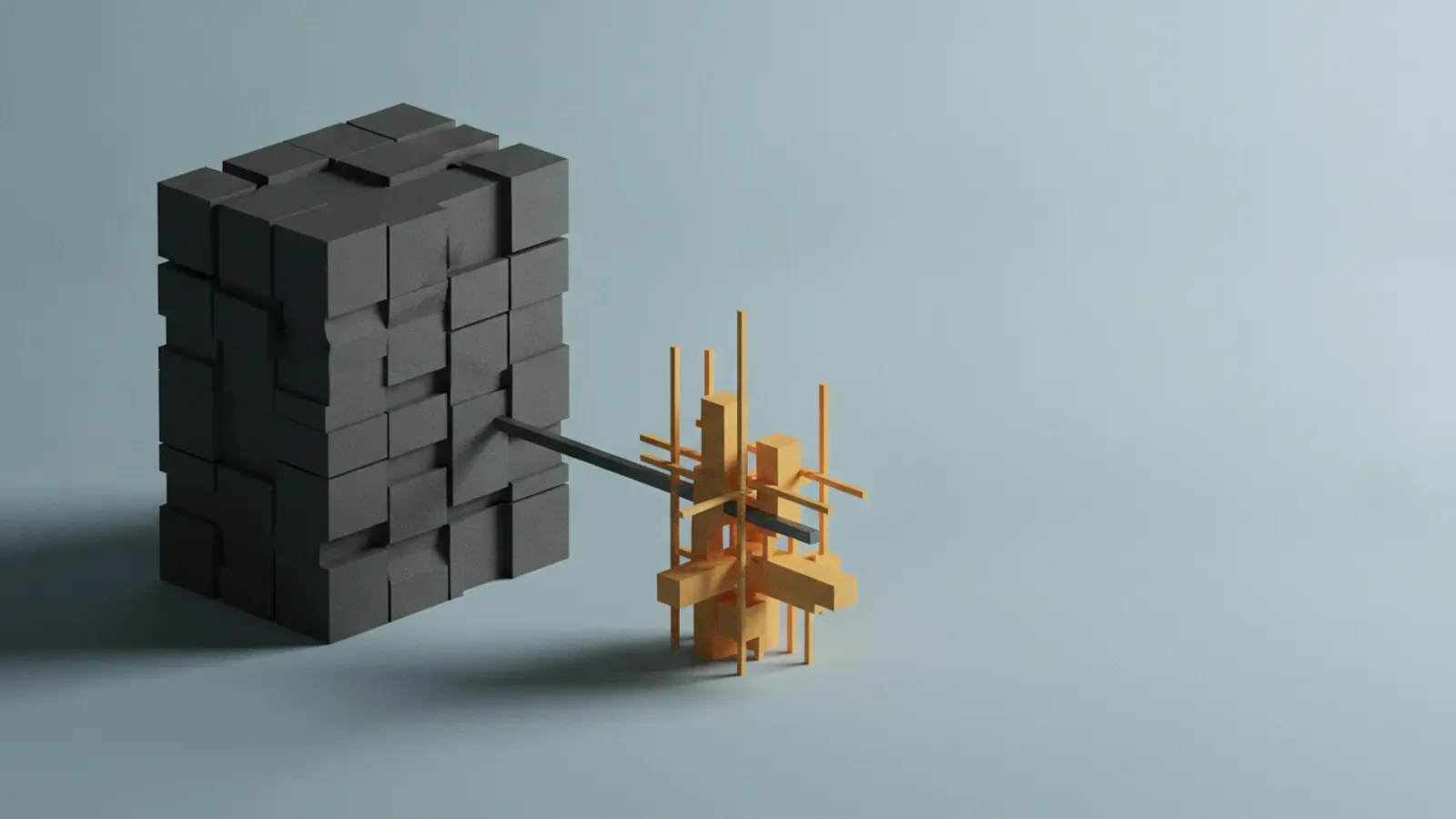 A massive dark gridded block linked by a single horizontal rod to a fragile golden timber framework.