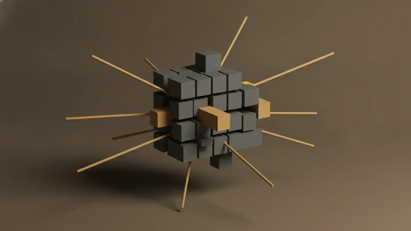 A central mass of interlocking grey cubes pierced through by protruding ochre rods radiating in all directions.