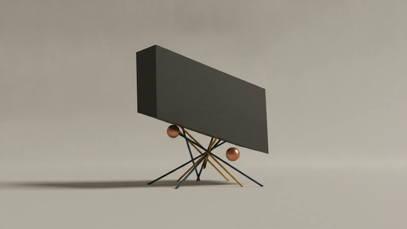 A heavy tilted black slab balanced precariously on a tangle of brass pins and two suspended bronze spheres.