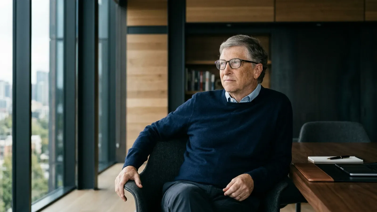 Bill Gates'in bir konferansta koyu renk takım elbisesi ve gözlükleriyle gülümsediği portresi.