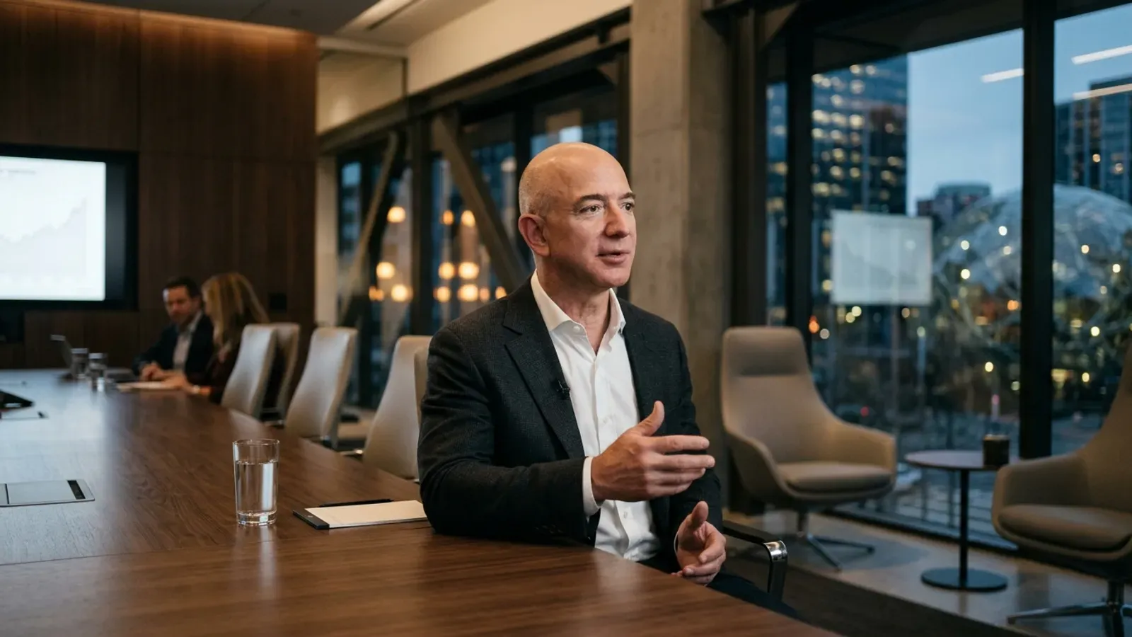 Jeff Bezos'un sahnede koyu renk ceketi ve açık yakalı gömleğiyle konuşurken çekilmiş portresi.