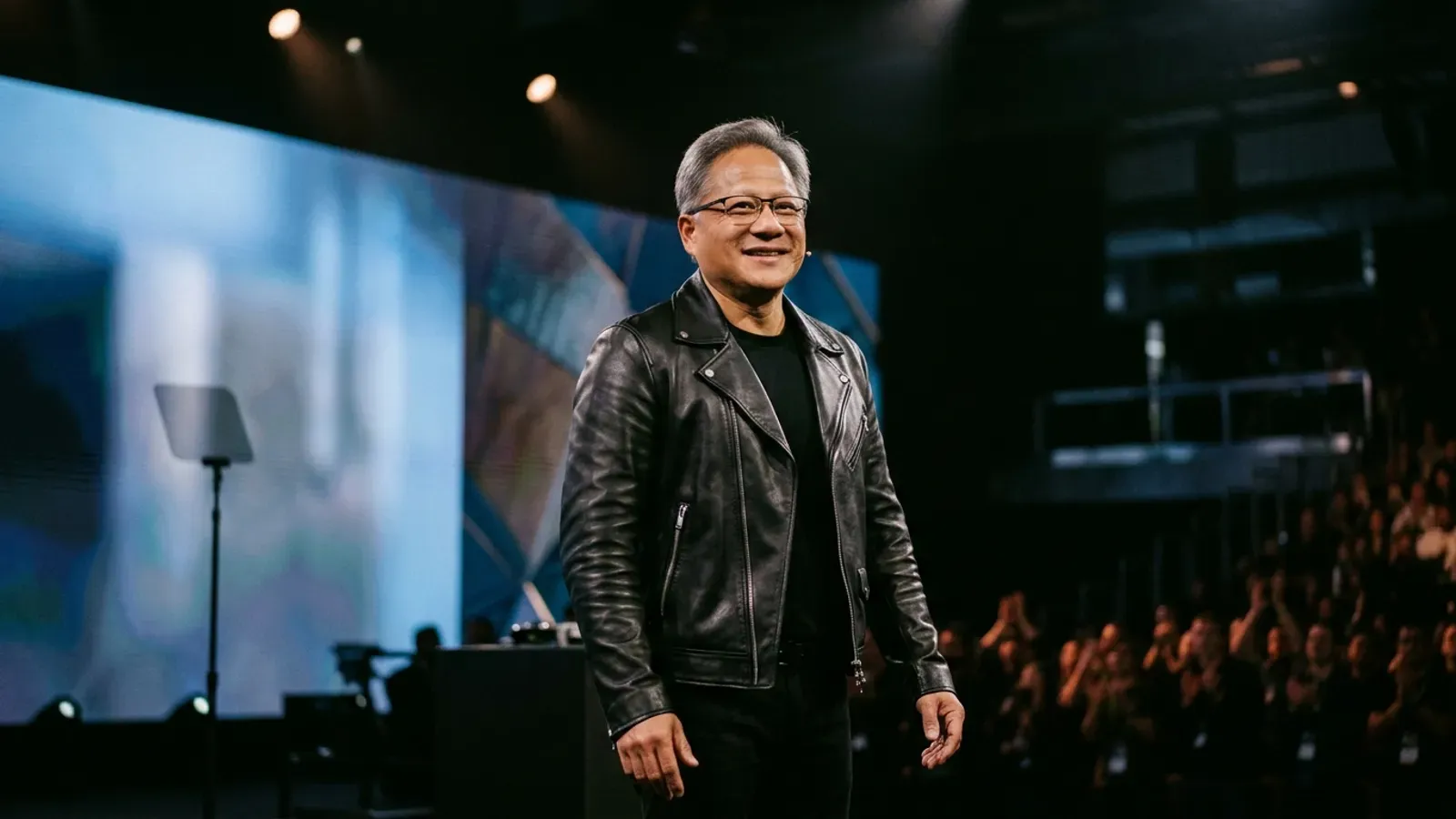 Jensen Huang'ın ikonik siyah deri ceketiyle bir etkinlikte konuştuğu portresi.