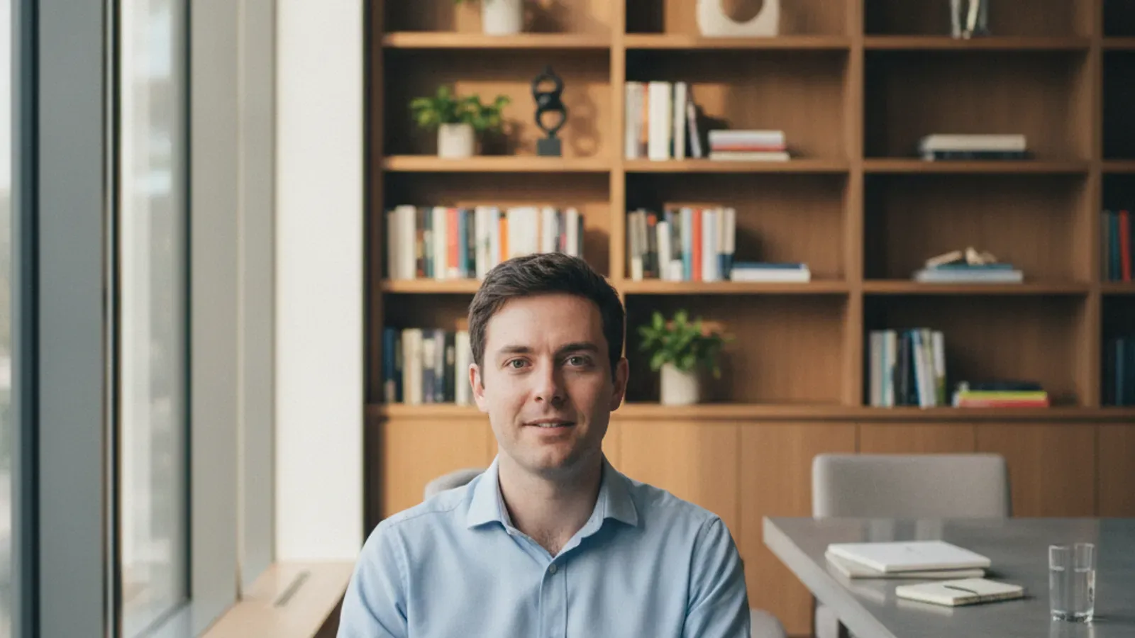 John Collison'ın bir söyleşide mavi gömleğiyle konuşurken çekilmiş portresi.