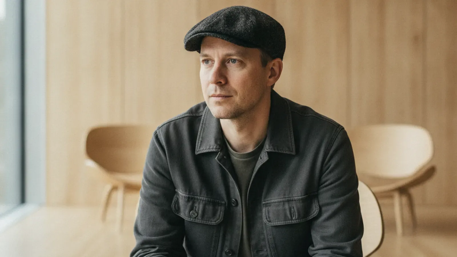 Tobias Lütke'nin kasketi ve günlük ceketiyle konuşurken çekilmiş portresi.