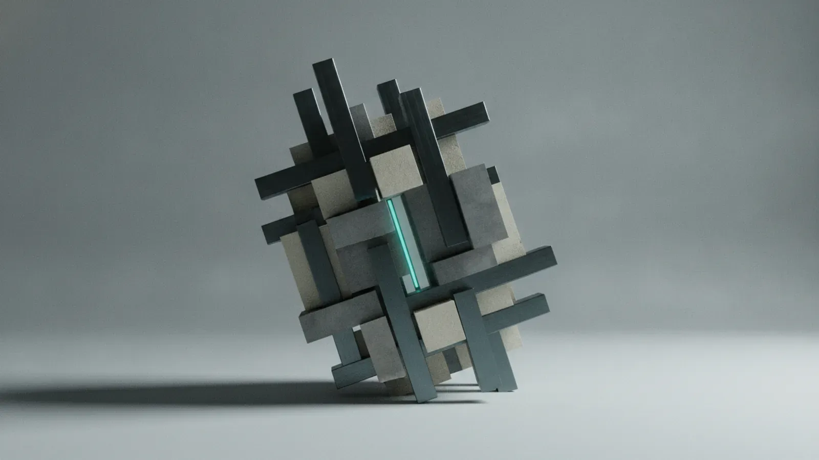 An enclosed cocoon of interlocking stone blocks and dark steel bars guarding a glowing vertical cyan core.