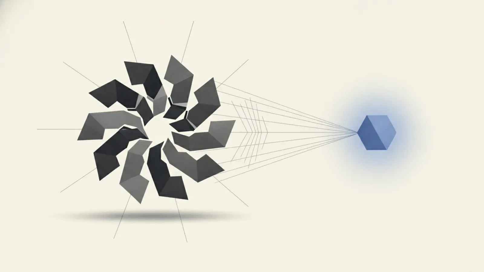 A pinwheel of folded dark geometric plates radiating fine vector lines toward a single glowing blue hexagon.