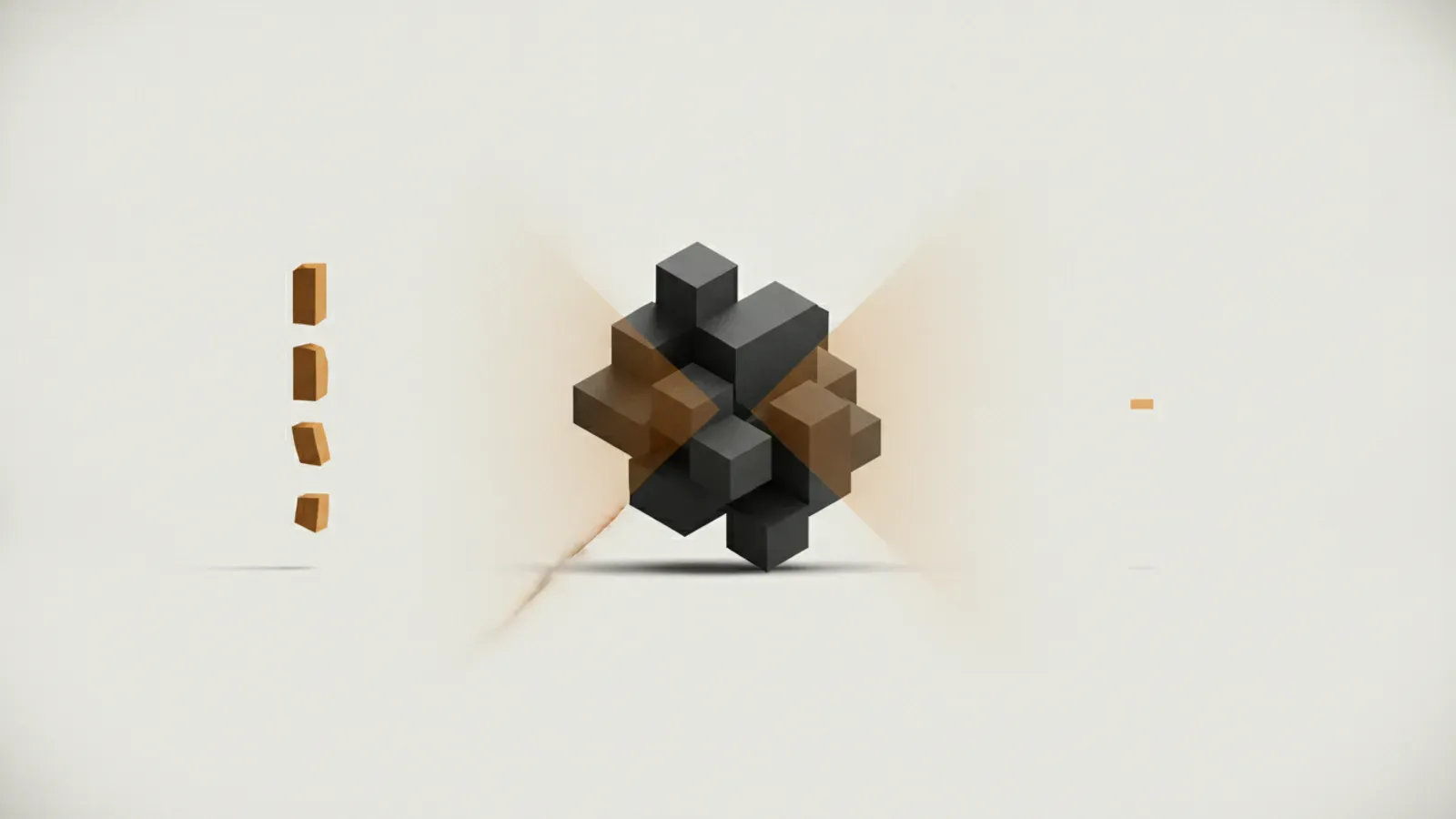 A central cluster of dark grey cubes caught in an hourglass beam of amber light, flanked by severed orange markers.
