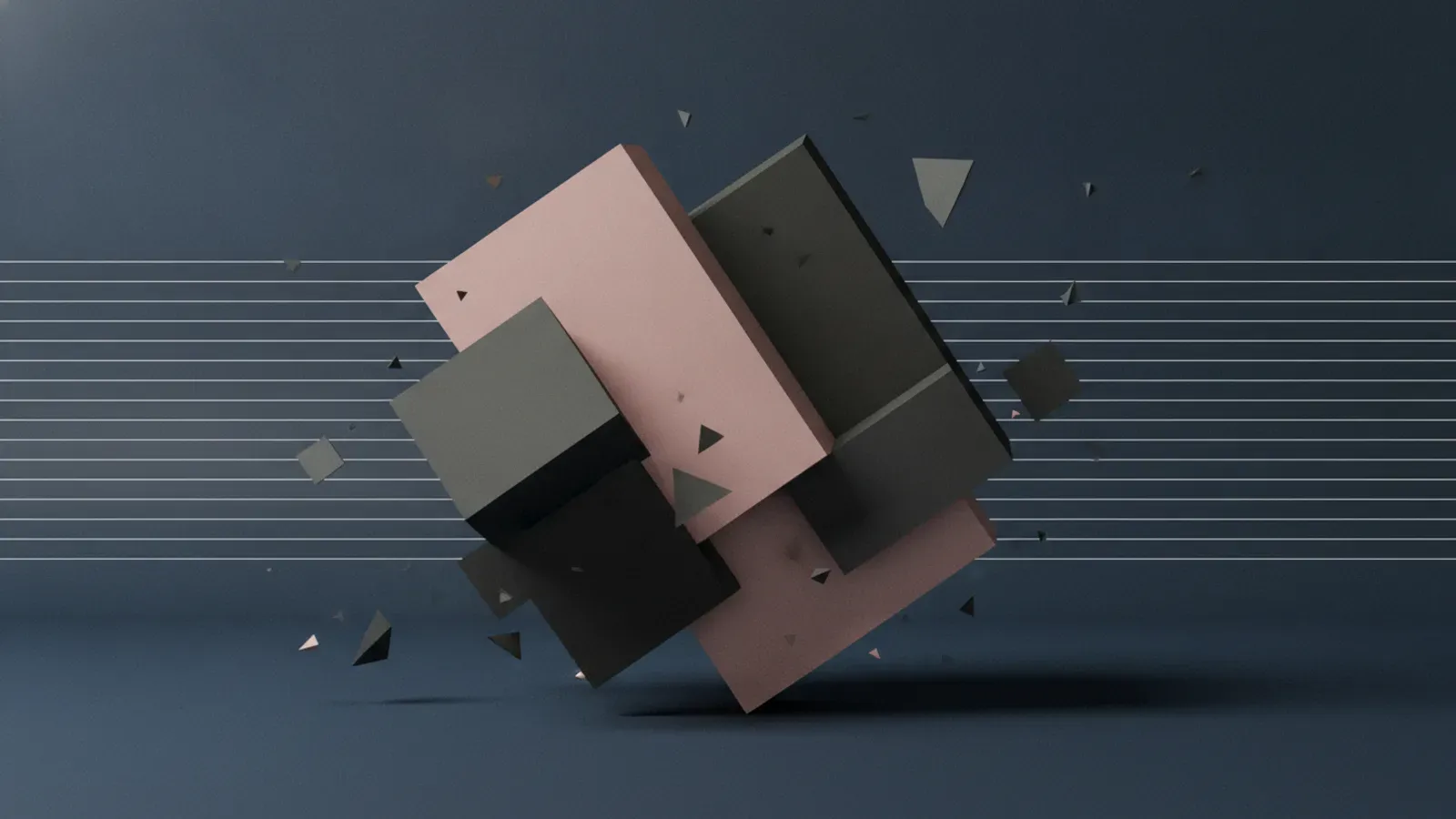 Interlocking charcoal and pale pink rectangular slabs hovering amidst sharp orbiting shards against fine horizontal lines.
