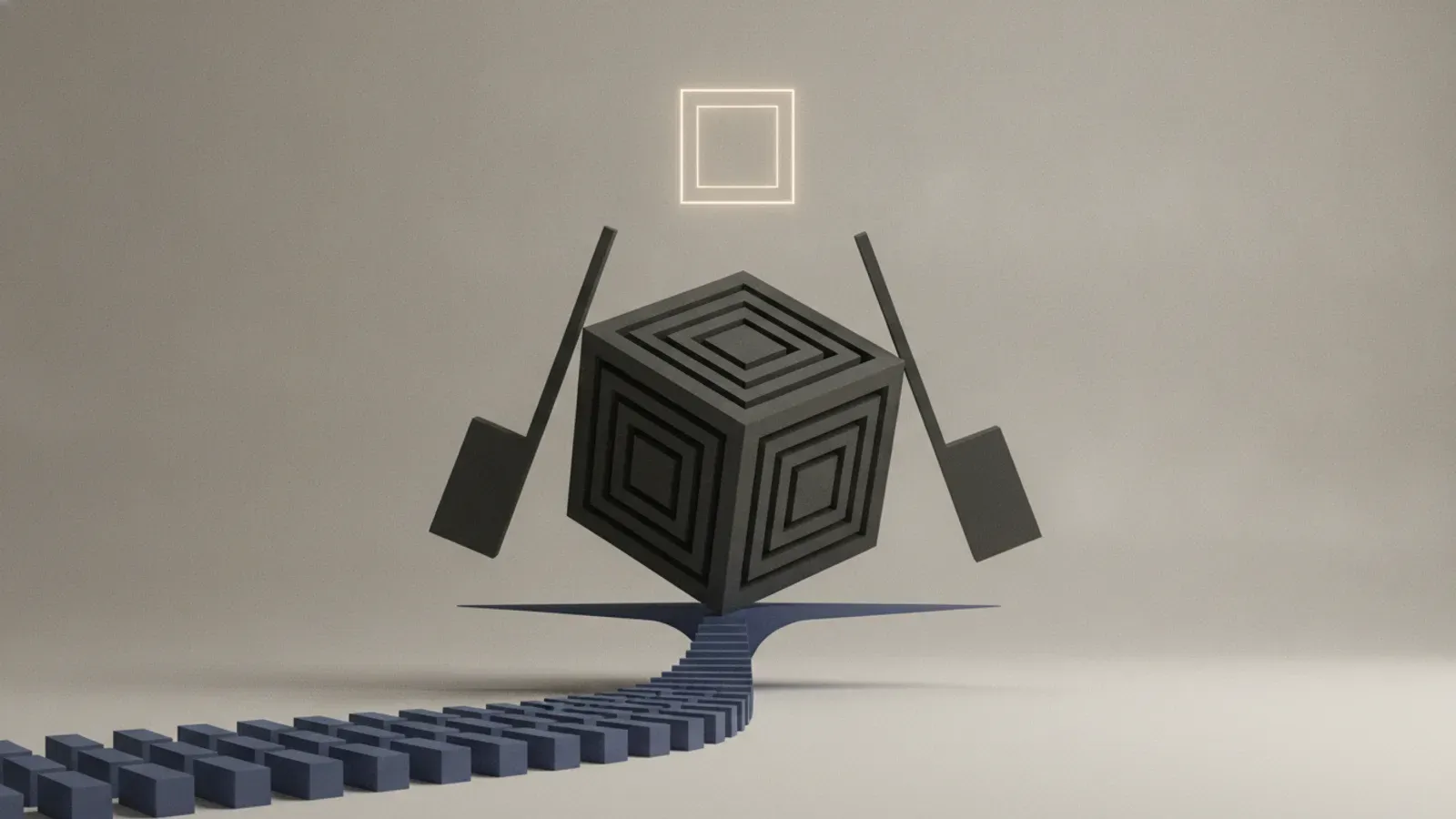 A large cube with concentric carved square recesses balanced on a curved pathway of blue tiles, under a glowing square halo.