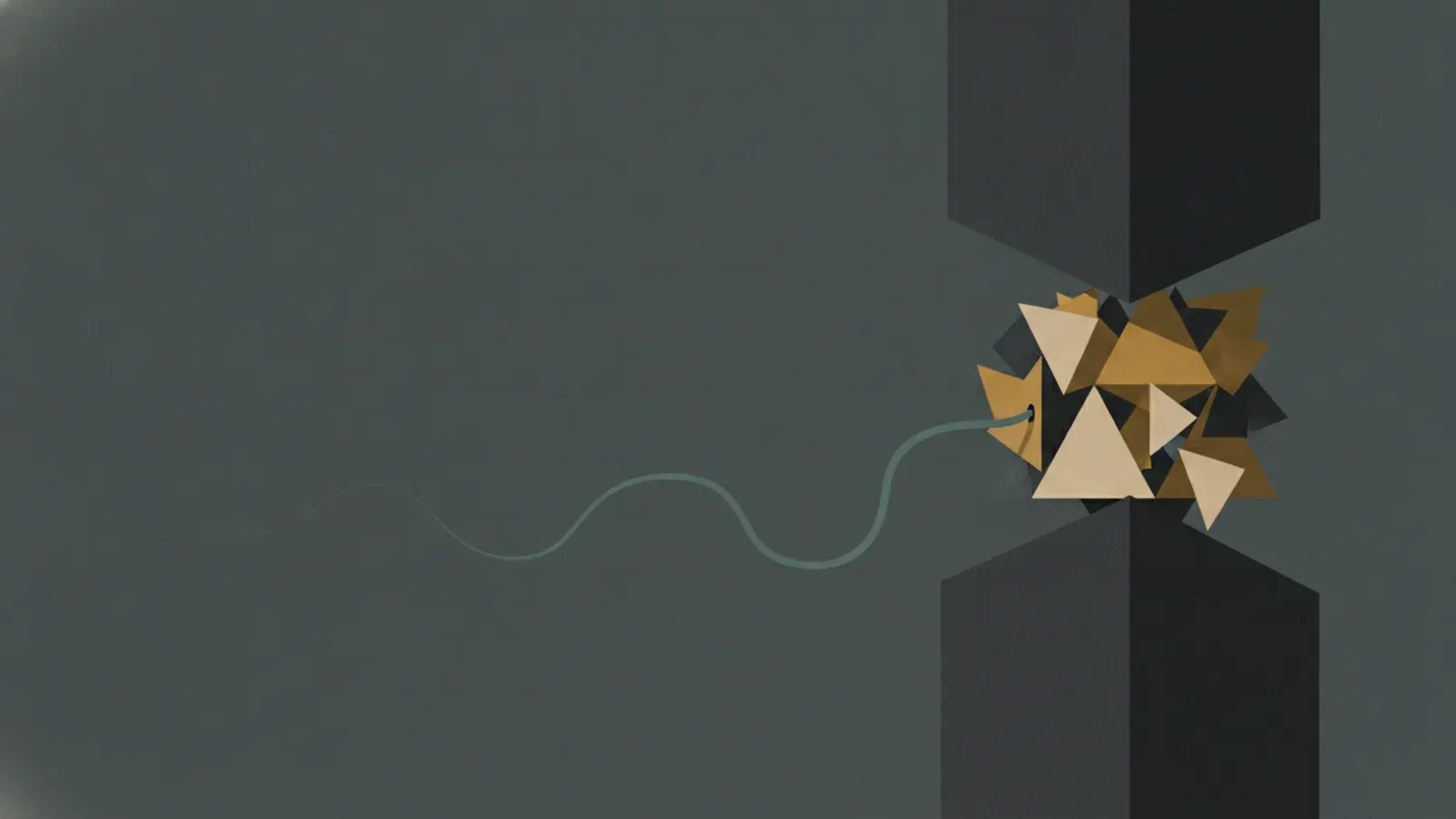 Two dark vertical blocks pinching a compressed cluster of golden triangular facets trailing a thin undulating green wire.